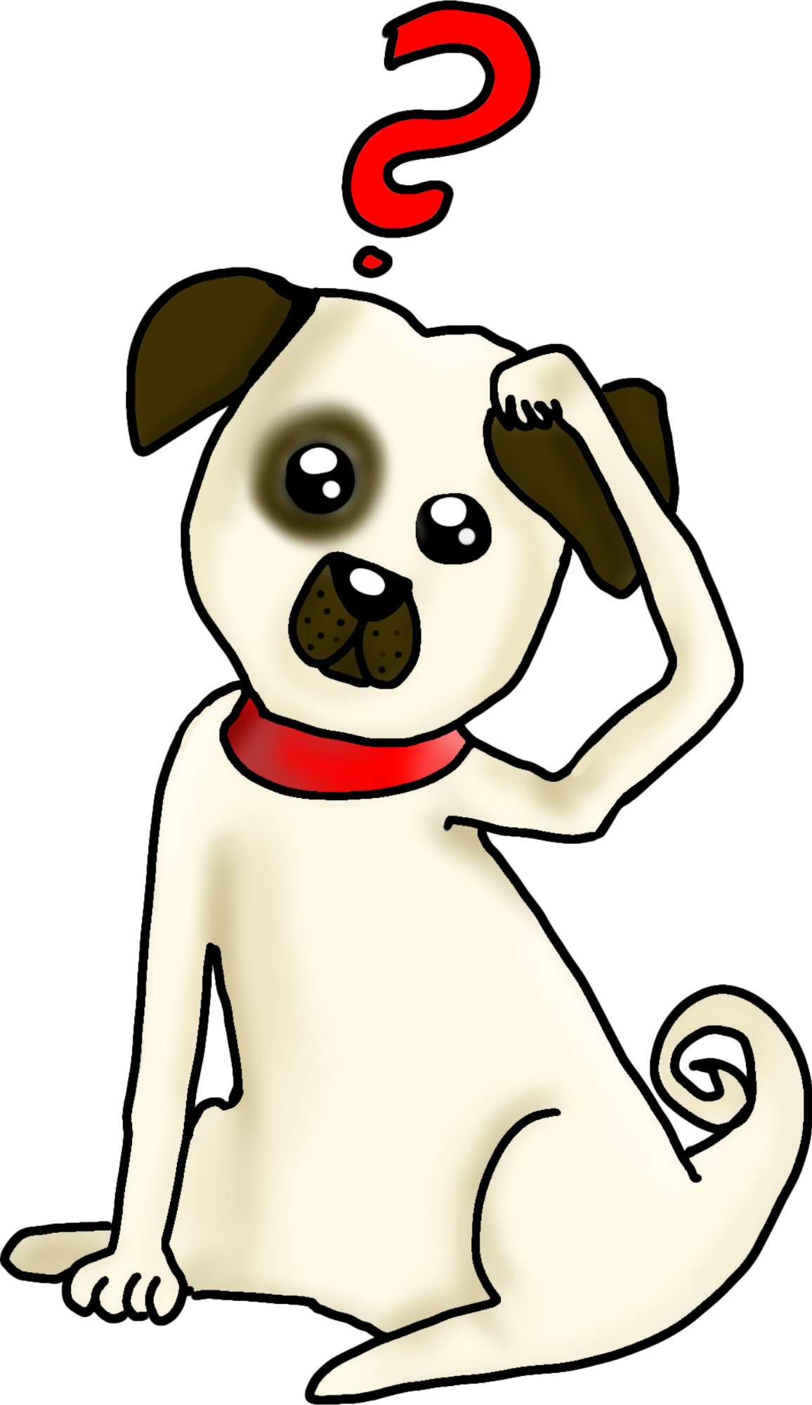 Ein verwirrter Hund mit einem Fragezeichen und einem roten Halsband, der den Kopf schüttelt.