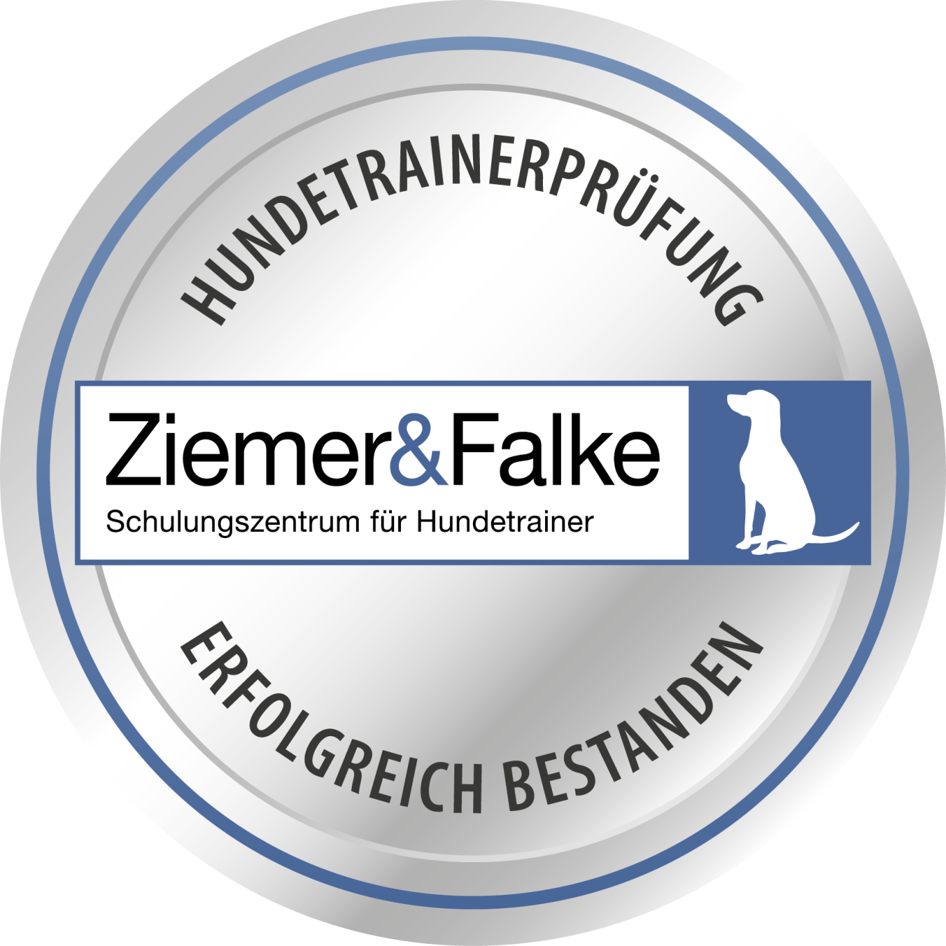Logo für die Hundetrainerprüfung von Ziemer & Falke mit dem Text "Erfolgreich Bestanden".